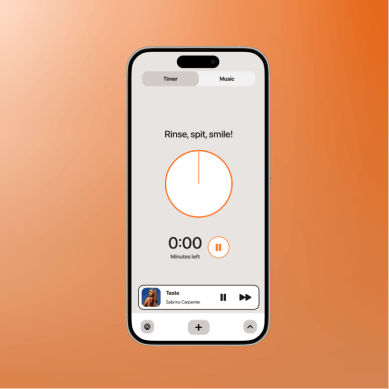 BrushBuddy app showing gamification and music integration features